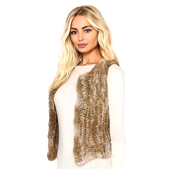 525 America Soft Luxe Genuine Rabbit Fur Sleeveless Open Vest Brown Cream Medium - Picture 1 of 16